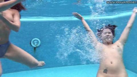 Teen sex slaves swim naked, exposed tits and horny🥵 pussies