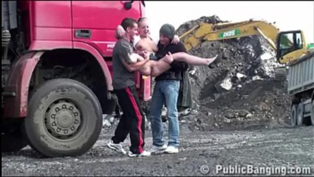 Construction site public gangbang with a young hot girl