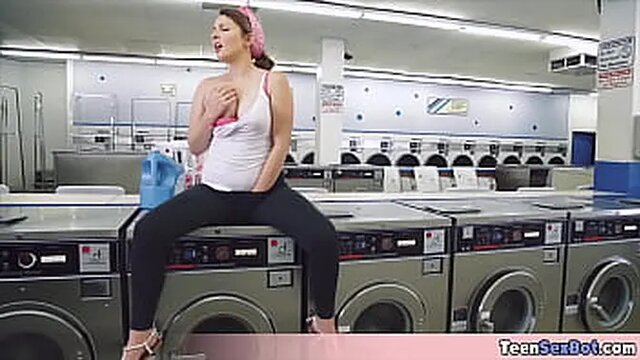 Teen bored in laundry room finds cock to suck