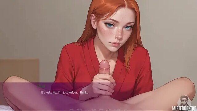 Cute redhead teen slut gives handjob and plays with her wet pussy