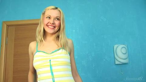 Blonde Cutie Aina M Gently Plunges into a Stiff Pole!