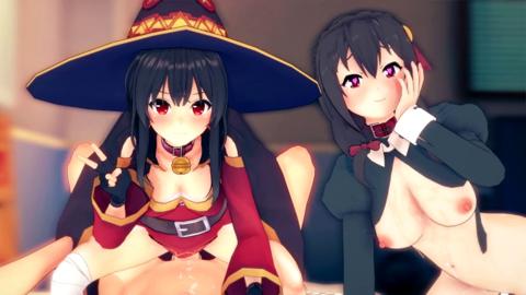 Sordid Foursome with Megumin's Naughty😈 Thighs and Yunyun's Screaming Orgasm💦