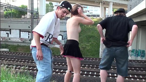 Cute teen Alexis Crystal aka Anouk publicly gangbangged by a railway