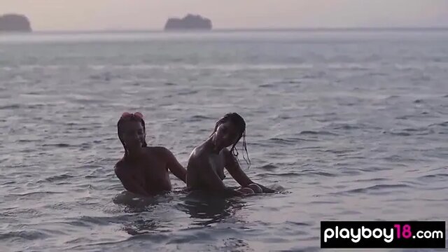 Petite Asian teen Cara Pin and her naked Czech GF enjoy the sunset