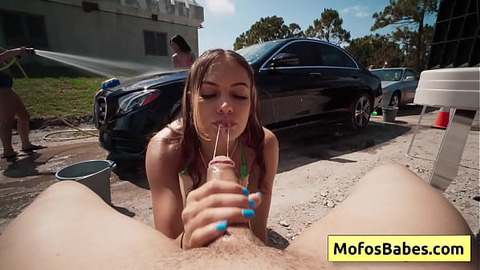 Blonde sexy and horny girl swallow and suck huge fat dick outdoor a t car wash fundraiser - JC Wilds, Johnny Love