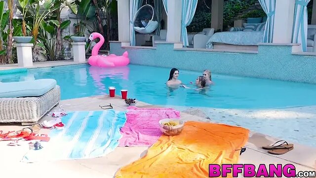 Petite teen dykes lick each other's pussies by the pool