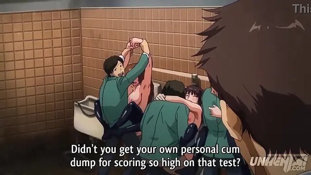 Slutty teens suck huge dicks in public bathroom