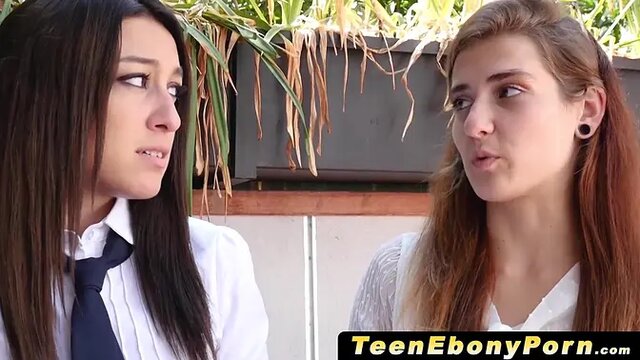 Petite ebony teen Chanell Heart gives deepthroat blowjob to white cock