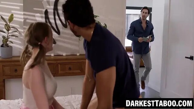 Blonde teen Melody Marks gets spitroasted in a taboo threesome