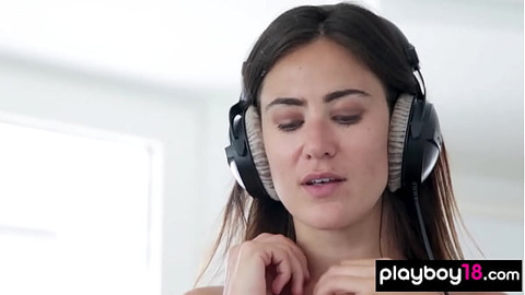 Passionate naked brunette teen DJ Madison Walker jamming out to music
