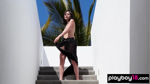 Shy newcomer asian teen KJ Carter stripping and posing nude for Playboy