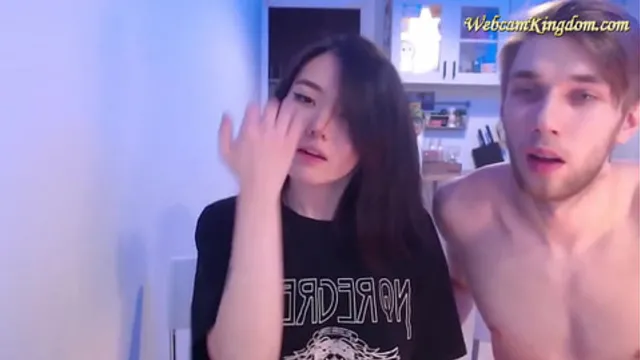 Petite asian teen chilling with white guy on webcam