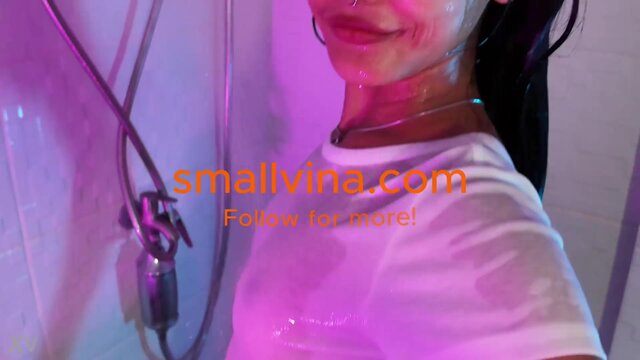 Petite Asian fresh shows off her soaked box and booty during a hot shower