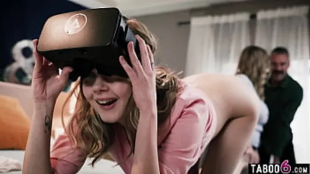 Young girlfriend teen receives VR headset from stepparents